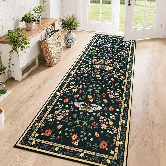 2x6 Runner Rug, Washable Hallway Area Rugs for Bedroom Living Room, Soft Throw Bedside Butterfly Rug for Kitchen, Non Slip Indoor Thin Long Carpet for Entryway Laundry Dorm, Black