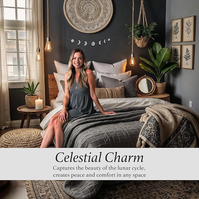 BASE ROOTS Moon Phase Wall Decor, White Gray Wall Art for Bedroom, Bohemian and Astrology, Witchy Aesthetic 34" 7 Phases Metal Moon Wall Banner, Celestial Decoration, Gift for Women & Kids