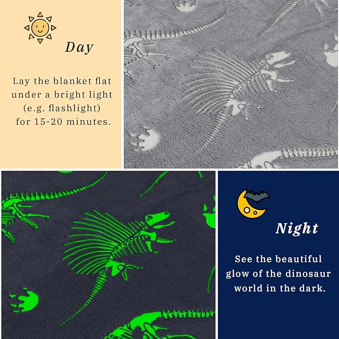 Glow in The Dark Blanket Dinosaur Throw Blanket for Boys Kids Soft Warm Cozy Cute Dino Blanket Unique Dinosaurs Toys Gifts Gray Glowing Dinosaur Room Decor Blankets for Girls Teens 50"x60"