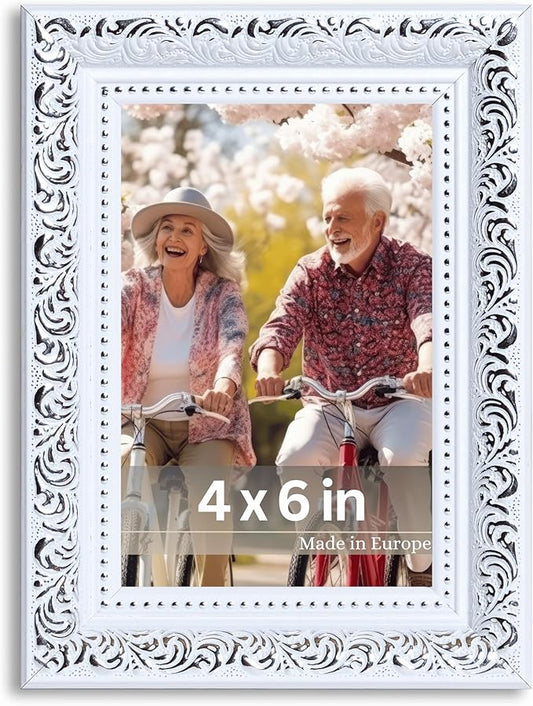 VictoR 4x6 Picture Frame Rubens White Silver - Picture Frames 4x6 - with Shutterproof Acrylic Glass - Antique - White 4 by 6