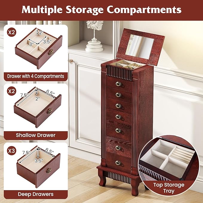 Giantex Standing Jewelry Cabinet with 7 Drawers, Flip-Top Mirror, 2 Side Doors with 12 Necklace Hooks, Divided Ring Compartments, Velvet-Lined Jewelry Armoire Organizer Chest (Cherry)