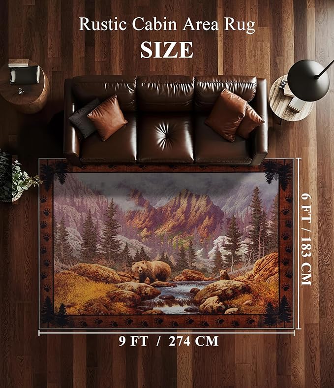 YIHOUSE Rustic Cabin Area Rug for Bedroom 6x9,Machine Washable Woodland Bear Rug,Non-Slip Low Pile Print Pattern Wildlife Rug for Living Room