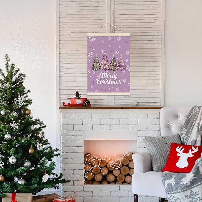 Purple Merry Christmas Tree Poster Hanger with Wood Frame, Winter Christmas Tree Wall Art Decor for Home, Preppy Xmas Winter Holiday Posters for Bedroom Living Room Xmas Party Decor, 12x16 Inch