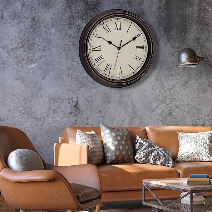 Foxtop 14 Inch Roman Numerals Wall Clock Battery Operated Silent Non-Ticking Round Classic Vintage Retro Wall Clock Decorative for Living Room Kitchen Home Office (Bronze)