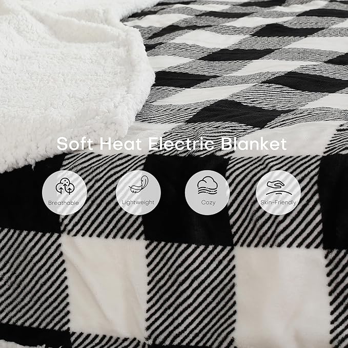 Electric Heated Blanket Full Size 72"x84" Microplush & Sherpa Fabric, Machine Washable 4 Heat Settings & 10 Hours Auto Off - Striped Check