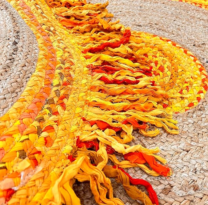 10' Round Handwoven Yellow Jute Chindi Area Rug, Multicolor Bohemian Rustic Throw Rugs for Farmhouse, Bedroom, Dining Room, Classroom, Hallway, Kitchen, Office