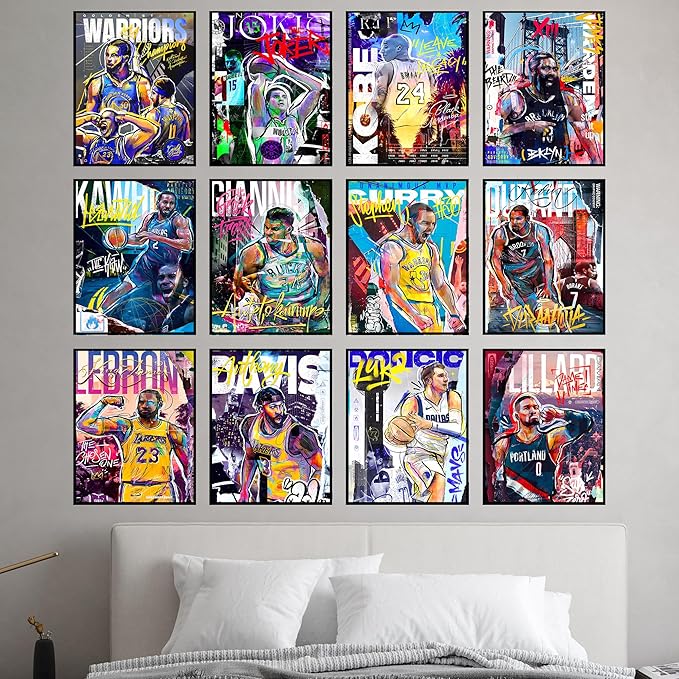 BigWig Prints Basketball Posters - Nba Posters, Basketball Room Decor, Nba Room Decor, Steph Curry, Kobe Bryant Wall Art, Kevin Durant, Lebron Wall Art, Warriors, Lakers - Unframed Set of 12 (8x10)