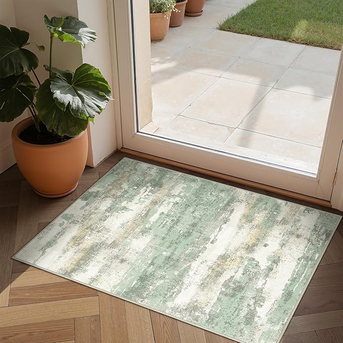 1'5''x2'5'' Rugs for Entryway Entrance Kitchen Bathroom, Machine Washable Modern Abstract Rug, Small Soft Low Pile Indoor Floor Mat with Non Slip Backing, Light Green