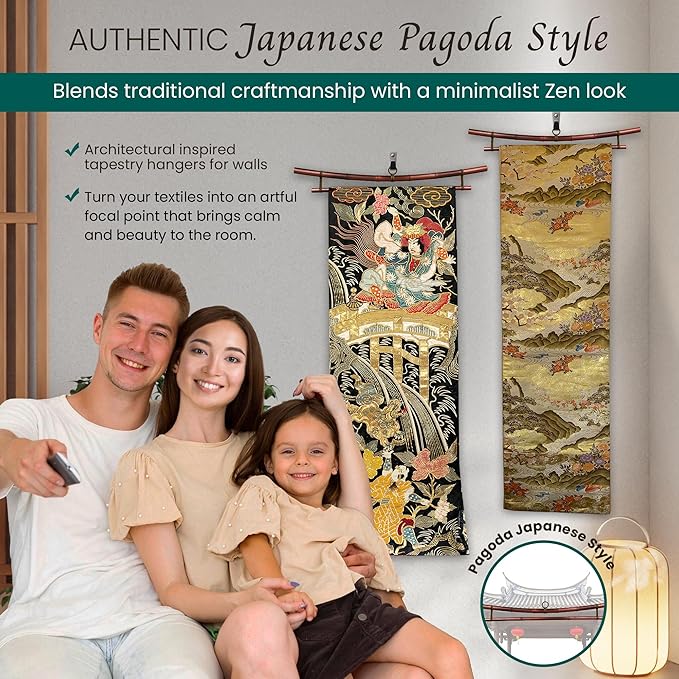 Smoked Bamboo Tapestry Holder, Rug Wall Hanger, Tapestry Wall Hanger, Obi Textile Hanger - Zen Pagoda Style Up to 19", 23", 30" or 36" - Japanese Ikat Kimono Display - Authentically Handmade (Fits 23 Inch tapestry)