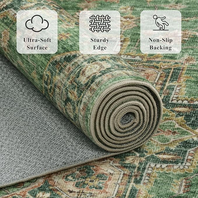 2x6 Vintage Runner Rug Low Pile Runners Non-Slip Machine Washable Rug Retro Distressed Print Lightweight Carpet for Hallway Kitchen Living Room Bedroom Laundry Room