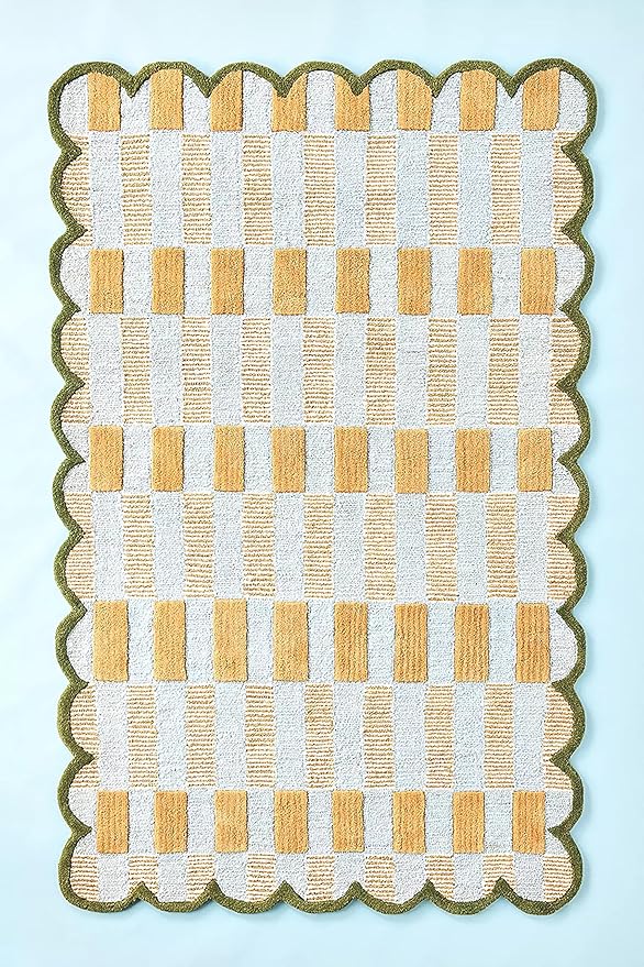 Hand-Tufted Wool Rug with Scalloped Edges, Light Blue Plaid Pattern, Cozy Soft Area Rug for Living Room, Bedroom, and Nursery, Handmade Modern Accent Rug, 2.5x10 Ft (Runner)