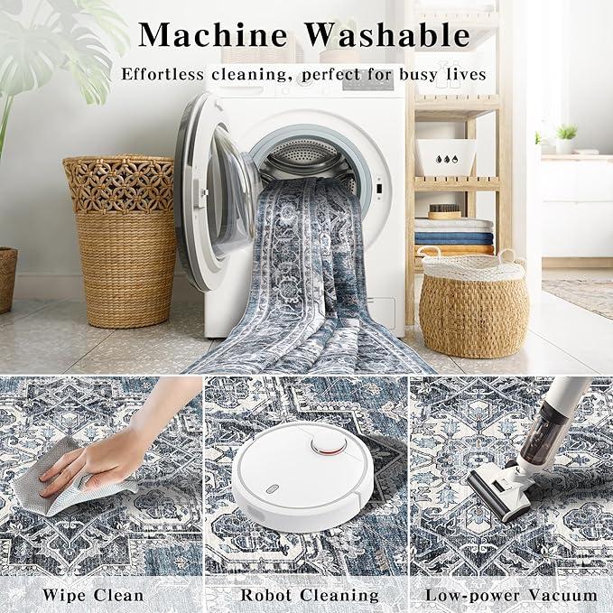 2x6 Vintage Runner Rug Low Pile Runners Non-Slip Machine Washable Rug Retro Distressed Print Lightweight Carpet for Hallway Kitchen Living Room Bedroom Laundry Room