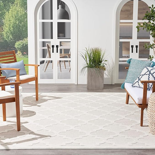 Nourison Home Easy Care Moroccan Area Rug 8' x 10', Ivory/White, Rectangular, 0.25" Thick, Trellis Easy Cleaning Non Shedding Bed Room Living Room Dining Room Backyard Deck Patio