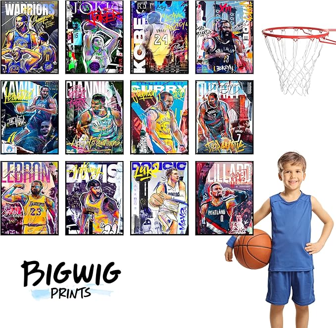 BigWig Prints Basketball Posters - Nba Posters, Basketball Room Decor, Nba Room Decor, Steph Curry, Kobe Bryant Wall Art, Kevin Durant, Lebron Wall Art, Warriors, Lakers - Unframed Set of 12 (8x10)