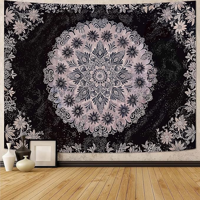 Fowocu Boho Floral Mandala Tapestry Wall Hanging Grey Bohemian Flower Medallion Tapestry Aesthetic Gray Black Hippie Indian Small Tapestries for Bedroom Living Room Dorm Decor 80 x 60 Inch