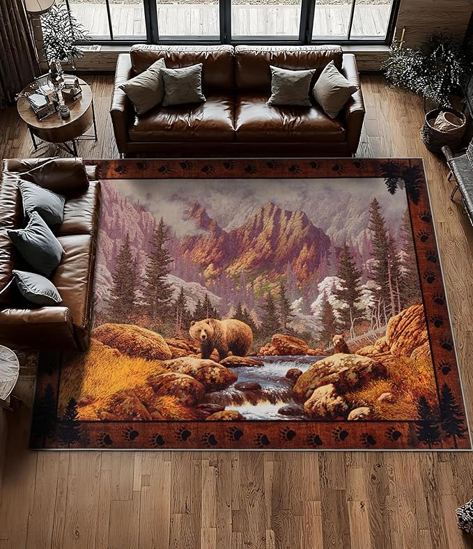 YIHOUSE Rustic Cabin Area Rug for Bedroom 8x10,Machine Washable Woodland Bear Rug,Non-Slip Low Pile Print Pattern Wildlife Rug for Living Room