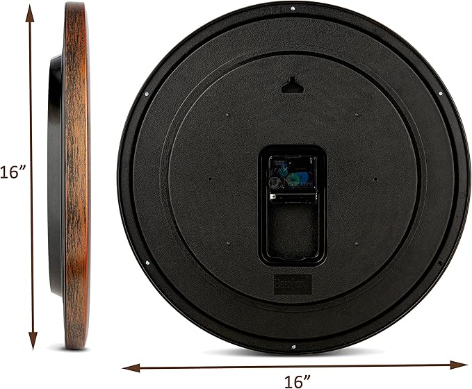 Bernhard Products Large Wall Clock 16 Inch Silent Non Ticking Movement Quartz Battery Operated Round Easy to Read Decorative Classic Brown Home/Kitchen/Office/Classroom/School Clocks, Black Numbers