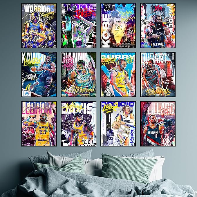 BigWig Prints Basketball Posters - Nba Posters, Basketball Room Decor, Nba Room Decor, Steph Curry, Kobe Bryant Wall Art, Kevin Durant, Lebron Wall Art, Warriors, Lakers - Unframed Set of 12 (8x10)