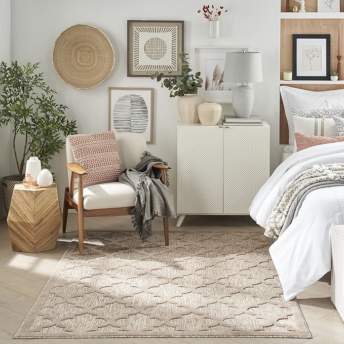 Nourison Home Easy Care Moroccan Natural Beige 4' x 6' Area Rug, Trellis, Easy Cleaning, Non Shedding, Bed Room, Living Room, Dining Room, Backyard, Deck, Patio (4x6)