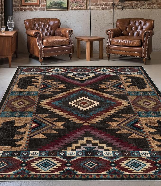 YIHOUSE Rustic Cabin Area Rug for Bedroom 5x7,Machine Washable Lodge Bear Rug,Non-Slip Low Pile Print Pattern Western Rug for Living Room