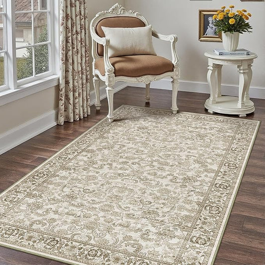 HUGEAR 3x5 Entryway Area Rug Brown Small Rug Machine Washable Door Mat Neutral Vintage Floral Low Pile Carpet Distressed Throw Rug Entrance Kitchen Bedroom Bathroom Office Non Slip Soft Lightweight