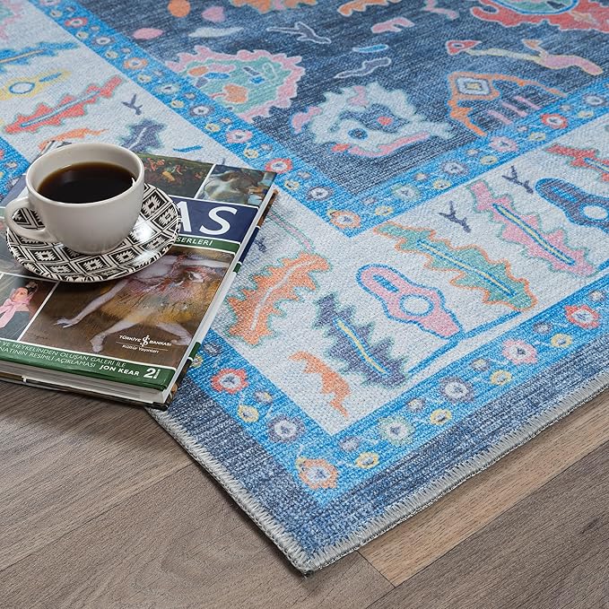 Fame Rugs Blue Modern Oushak Rug 2x3, Vintage Doormat Turkish Colorful Oriental Antique Inspired Washable Small Area Rug, Luxury Living Room Bedroom (387BNB, 2' x 3')