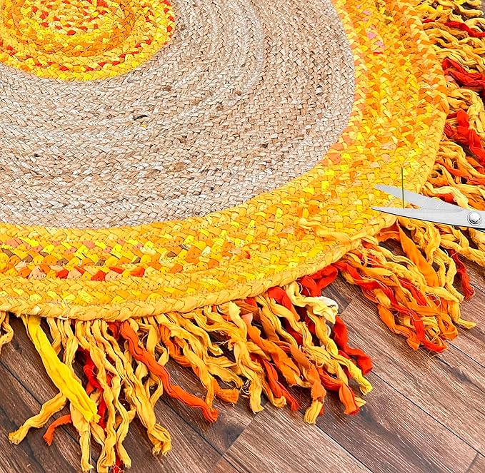 10' Round Handwoven Yellow Jute Chindi Area Rug, Multicolor Bohemian Rustic Throw Rugs for Farmhouse, Bedroom, Dining Room, Classroom, Hallway, Kitchen, Office