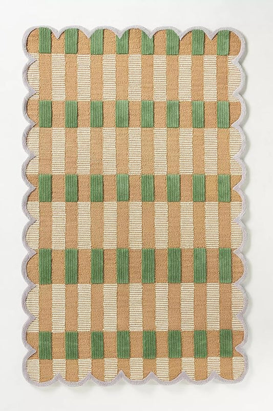 Hand-Tufted Wool Area Rug with Scalloped Edges, Beige and Green Plaid Pattern, Cozy and Soft Accent Rug for Living Room, Bedroom, and Nursery, Handmade Decorative Rug, 9x12 Ft