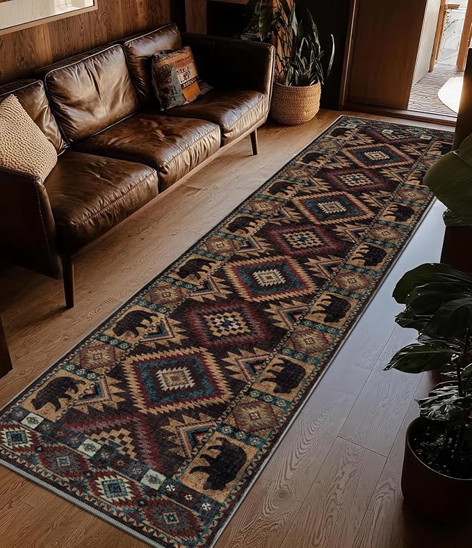 Hallway Runner Rug 2x8 Indoor Door Mat - Western Rug Bear Rustic Cabin Non-Slip Entryway Rug, Low Pile Tribal Print for Kitchen, Bedroom
