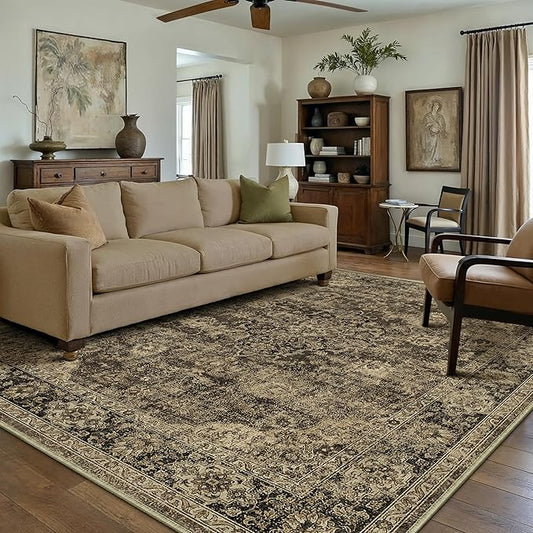 HUGEAR Retro Brown Area Rug 6x9 Machine Washable Living Room Rugs Distressed Vintage Floral Low Pile Carpet Bedroom Office Dining Room Laundry Room Non Slip Soft Lightweight