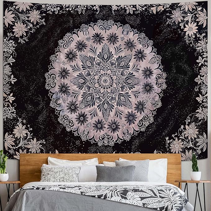 Fowocu Boho Floral Mandala Tapestry Wall Hanging Grey Bohemian Flower Medallion Tapestry Aesthetic Gray Black Hippie Indian Small Tapestries for Bedroom Living Room Dorm Decor 80 x 60 Inch