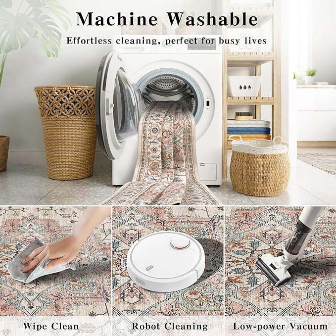 2x6 Vintage Runner Rug Low Pile Runners Non-Slip Machine Washable Rug Retro Distressed Print Lightweight Carpet for Hallway Kitchen Living Room Bedroom Laundry Room