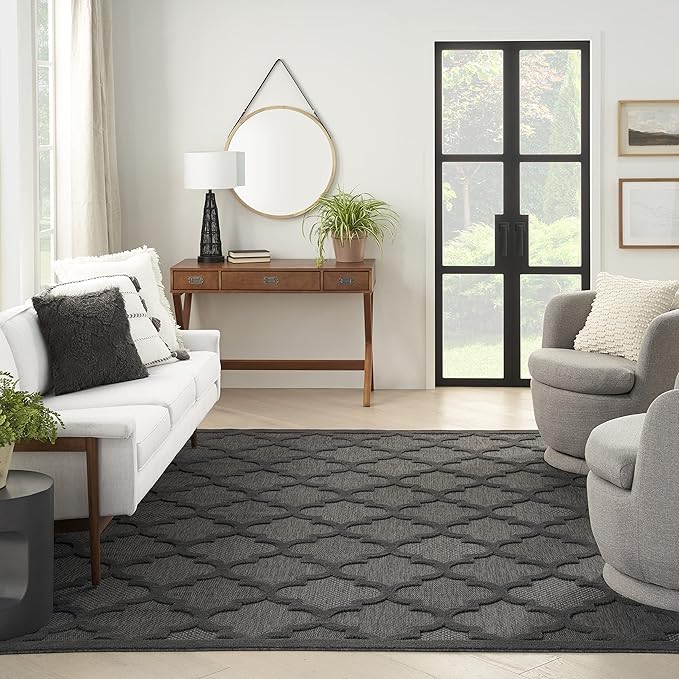 Nourison Home Easy Care Indoor/Outdoor Charcoal Black 10' x 14' Area Rug, Easy Cleaning, Non Shedding, Bed Room, Living Room, Dining Room, Backyard, Deck, Patio (10x14)