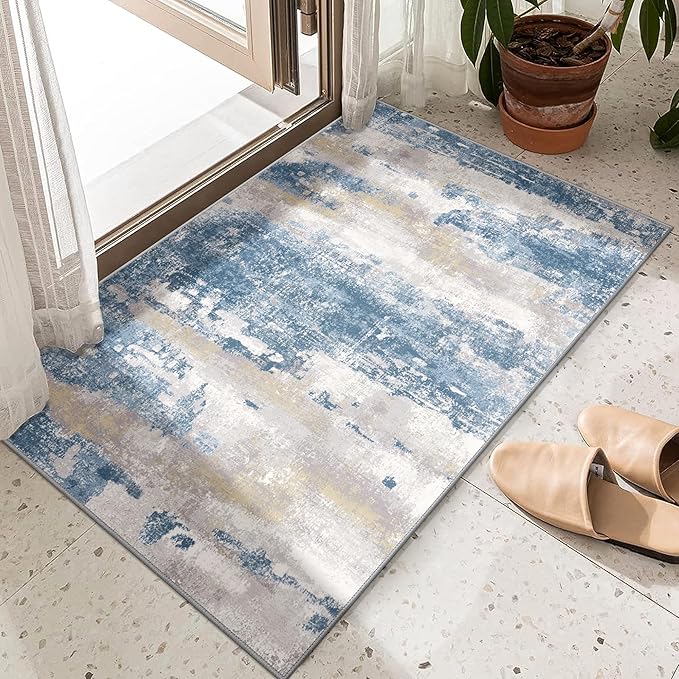 1'5''x2'5'' Rugs for Entryway Entrance Kitchen Bathroom, Machine Washable Modern Abstract Soft Small Rug, Low Pile Indoor Floor Carpet with Non Slip Backing, Blue Cream