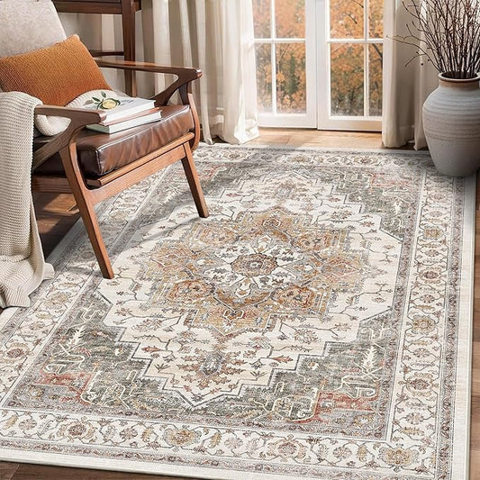 3x5 Vintage Area Rugs for Indoor Entrance Stain Resistant Washable Entryway Rug Ultra Soft Low Pile Lightweight Carpet Faux Wool Rugs for Living Room Bedroom Playroom Home Office