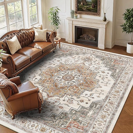8x10 Area Rugs for Living Room Ultra-Soft Washable Rug Vintage Distressed Boho Area Rug, Non-Slip Low Pile Stain Resistant Carpet for Bedroom Dining Room Kitchen Office