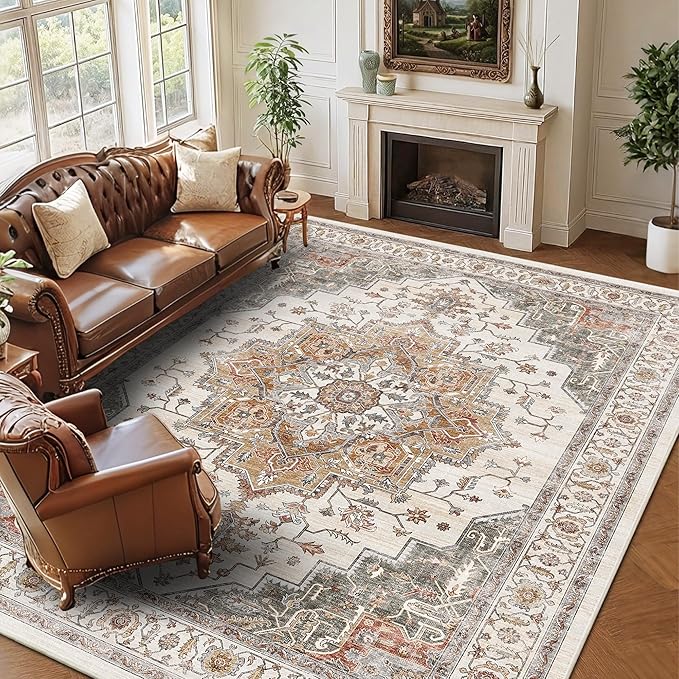 9x12 Large Area Rugs for Living Room Ultra-Soft Washable Rug Vintage Distressed Non-Slip Low Pile Stain Resistant Carpet for Bedroom Dining Room Kitchen Office