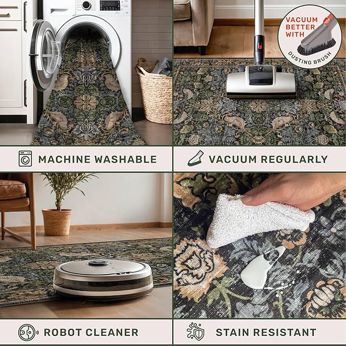 10 ft Long Vintage Runner Rugs for Hallways - 3x10 Wide Kitchen Runners, Entryway Rug, with Flowers and Leaves, Washable Non Slip Low Pile