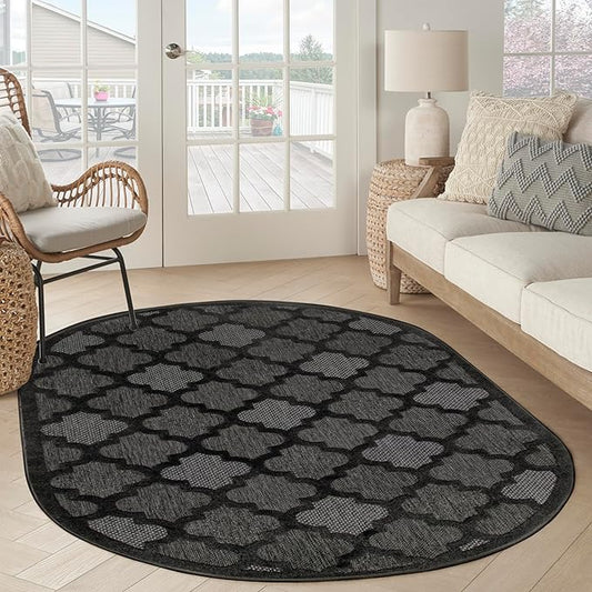 Nourison Home Easy Care Indoor/Outdoor Charcoal Black 6' x 9' Oval Area Rug, Easy Cleaning, Non Shedding, Bed Room, Living Room, Dining Room, Backyard, Deck, Patio (6x9)