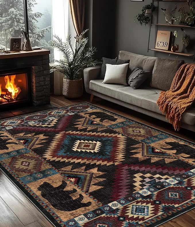 YIHOUSE Rustic Cabin Area Rug for Bedroom 5x7,Machine Washable Lodge Bear Rug,Non-Slip Low Pile Print Pattern Western Rug for Living Room
