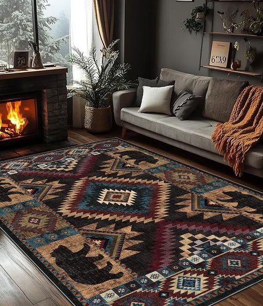 YIHOUSE Rustic Cabin Area Rug for Bedroom 5x7,Machine Washable Lodge Bear Rug,Non-Slip Low Pile Print Pattern Western Rug for Living Room