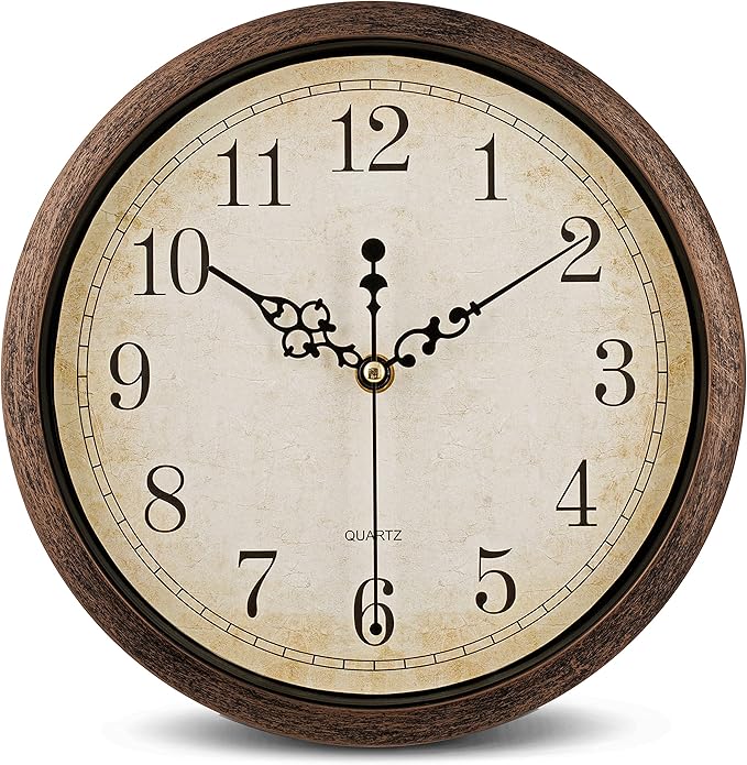 Bernhard Products Vintage Brown Wall Clock Silent Non Ticking 10 Inch Quality Quartz Battery Operated Round Decorative Easy to Read for Home Kitchen Living/Dining Room Bedroom Office Classroom School