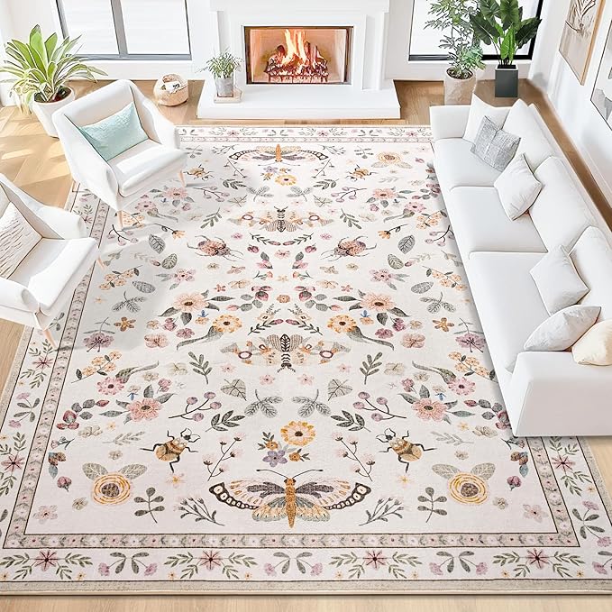 Rug for Living Room 6x9, Washable Area Rugs for Bedroom, Soft Thin Non Slip Indoor Low Pile Carpet for Dining Room, Large Throw Floral Butterfly Carpets for Office Nursery Home Decor, Beige