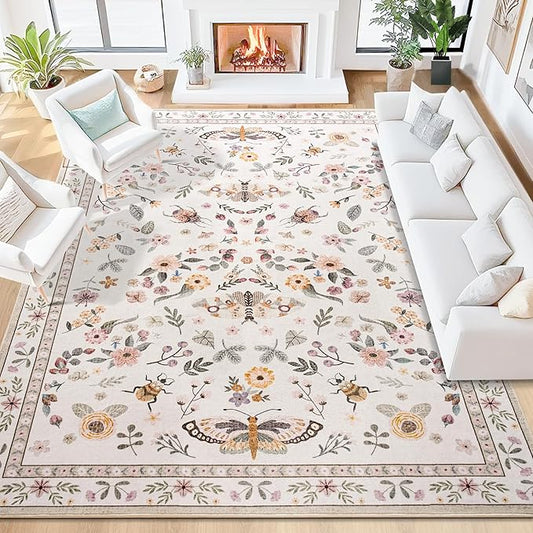 Rug for Living Room 8x10, Washable Area Rugs for Bedroom, Soft Thin Non Slip Indoor Low Pile Carpet for Dining Room, Large Throw Floral Butterfly Carpets for Office Nursery Home Decor, Beige