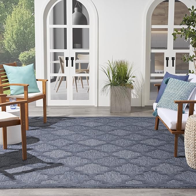 Nourison Home Easy Care Moroccan Navy Blue 8' x 10' Area Rug, Trellis, Easy Cleaning, Non Shedding, Bed Room, Living Room, Dining Room, Backyard, Deck, Patio (8x10)