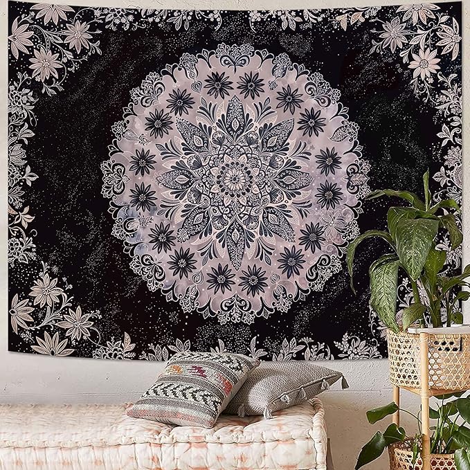 Fowocu Boho Floral Mandala Tapestry Wall Hanging Grey Bohemian Flower Medallion Tapestry Aesthetic Gray Black Hippie Indian Small Tapestries for Bedroom Living Room Dorm Decor 80 x 60 Inch