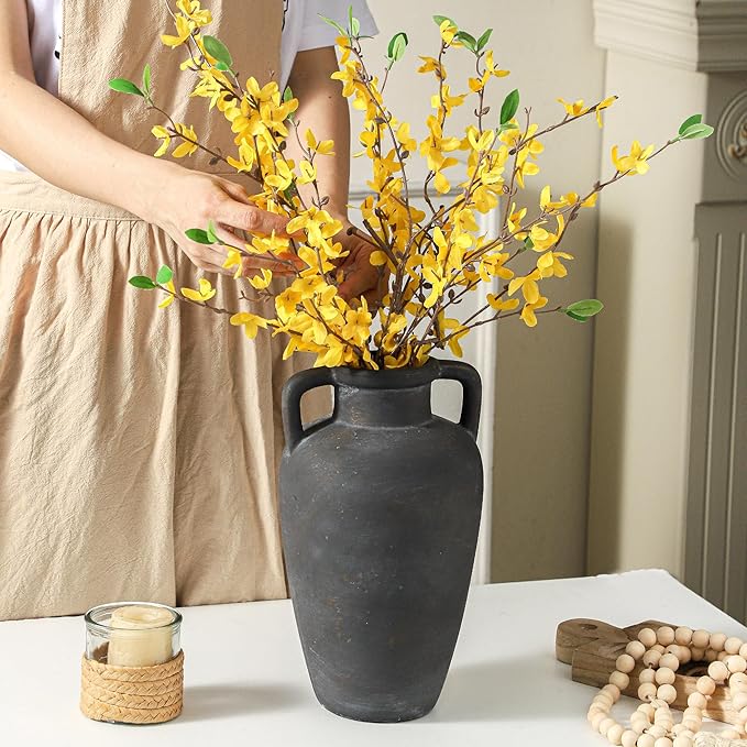 Rustic Ceramic Vase - 11.41 inch Tall Vase for Centerpieces, Boho Decor Decorative Vases with 2 Handles for Home Decor, Terracotta Vases for Farmhouse Living Room Shelf Table