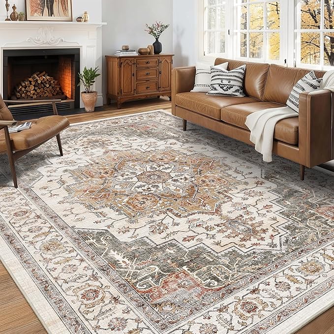 6x9 Area Rugs for Living Room Ultra-Soft Washable Rug Vintage Distressed Boho Area Rug, Non-Slip Retro Print Low Pile Stain Resistant Carpet for Bedroom Dining Room Kitchen Office