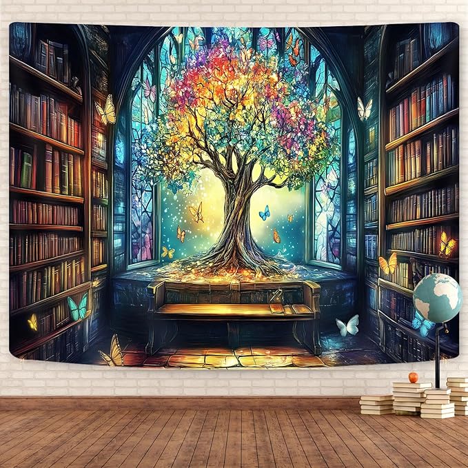 Mysterious Library Tapestry, Fantasy Enchanted Tree Magic Bookshelf Aesthetic Tapestries for Classroom, Witchy Fairy Tree Vintage Bookshelf Book Art Tapestry Wall Hanging College Room Bedroom, 80X60
