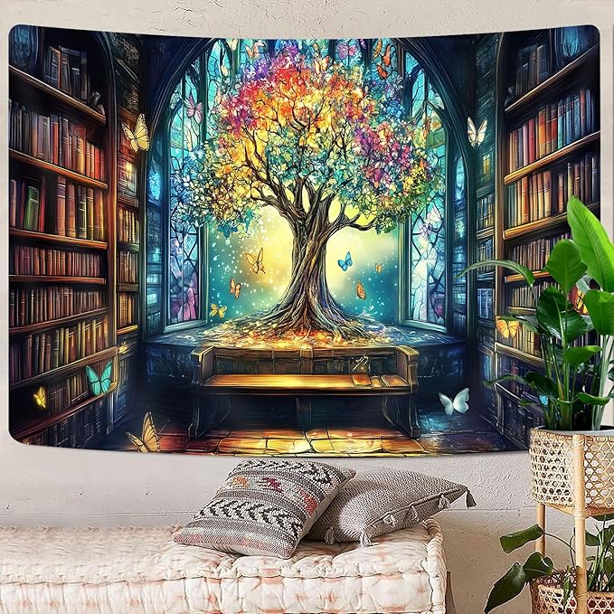 Mysterious Library Tapestry, Fantasy Enchanted Tree Magic Bookshelf Aesthetic Tapestries for Classroom, Witchy Fairy Tree Vintage Bookshelf Book Art Tapestry Wall Hanging College Room Bedroom, 80X60